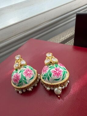 Hand-Painted Pink Floral Dome Drop Earrings with Pearls